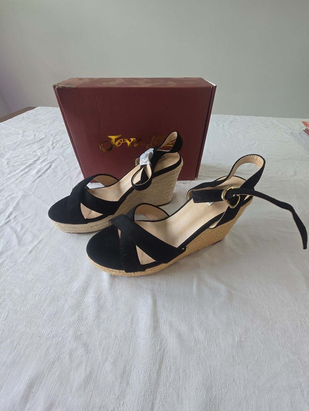 Joy In Love Women's Black Suede Ankle Strap Espadrille Wedge Sandals